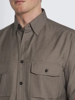 Taupe silk seersucker militry shirt