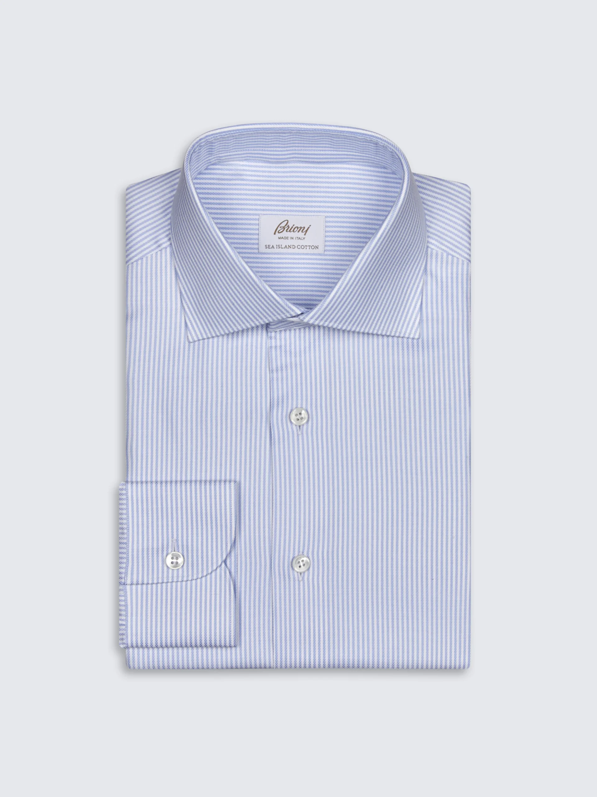White and light blue striped Sea Island cotton twill formal shirt