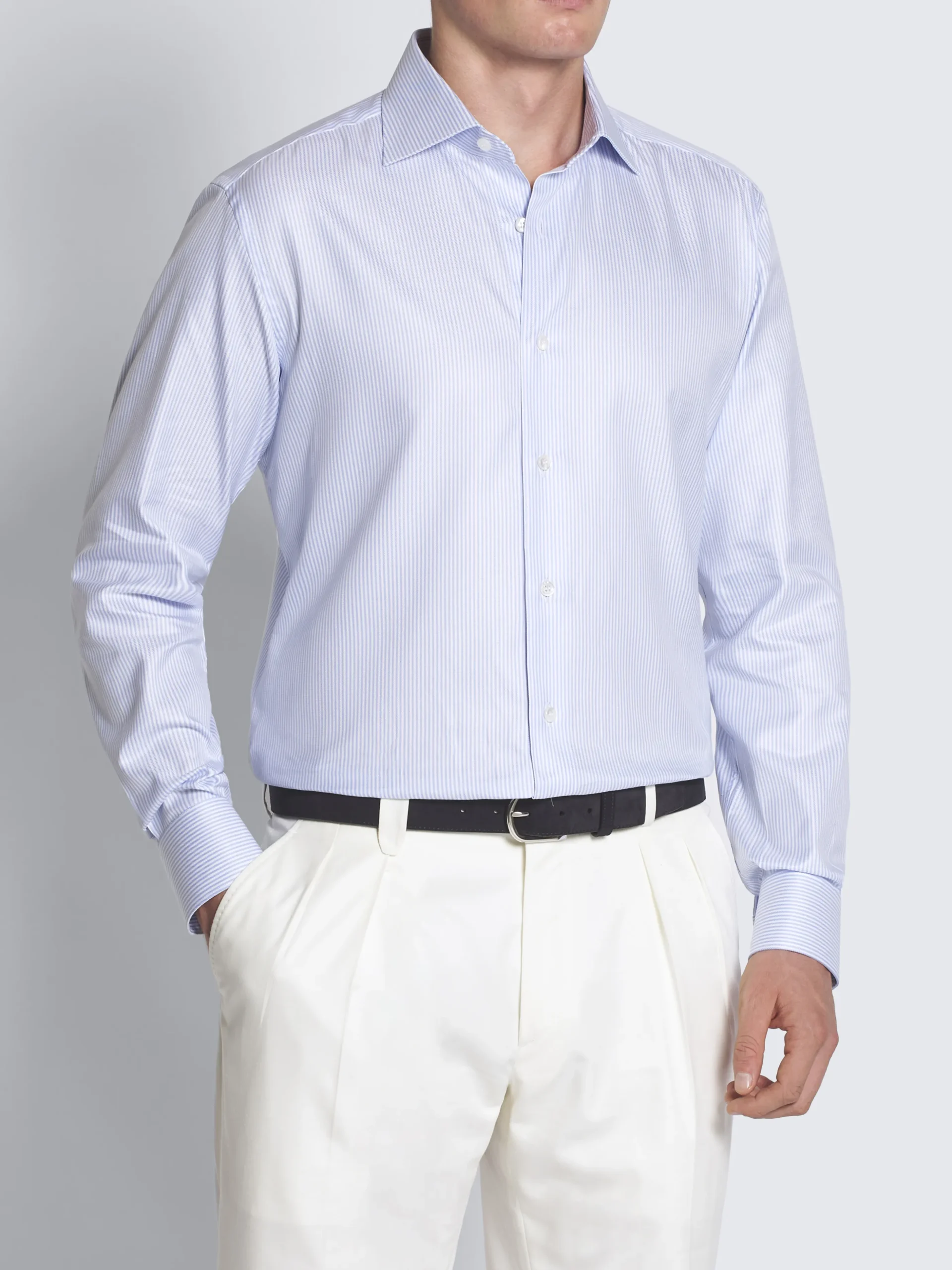 White and light blue striped Sea Island cotton twill formal shirt