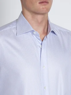 White and light blue striped Sea Island cotton twill formal shirt