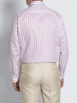 White and pink striped cotton and linen Capri collar shirt