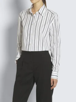 White, navy blue and lead grey striped cotton shirt